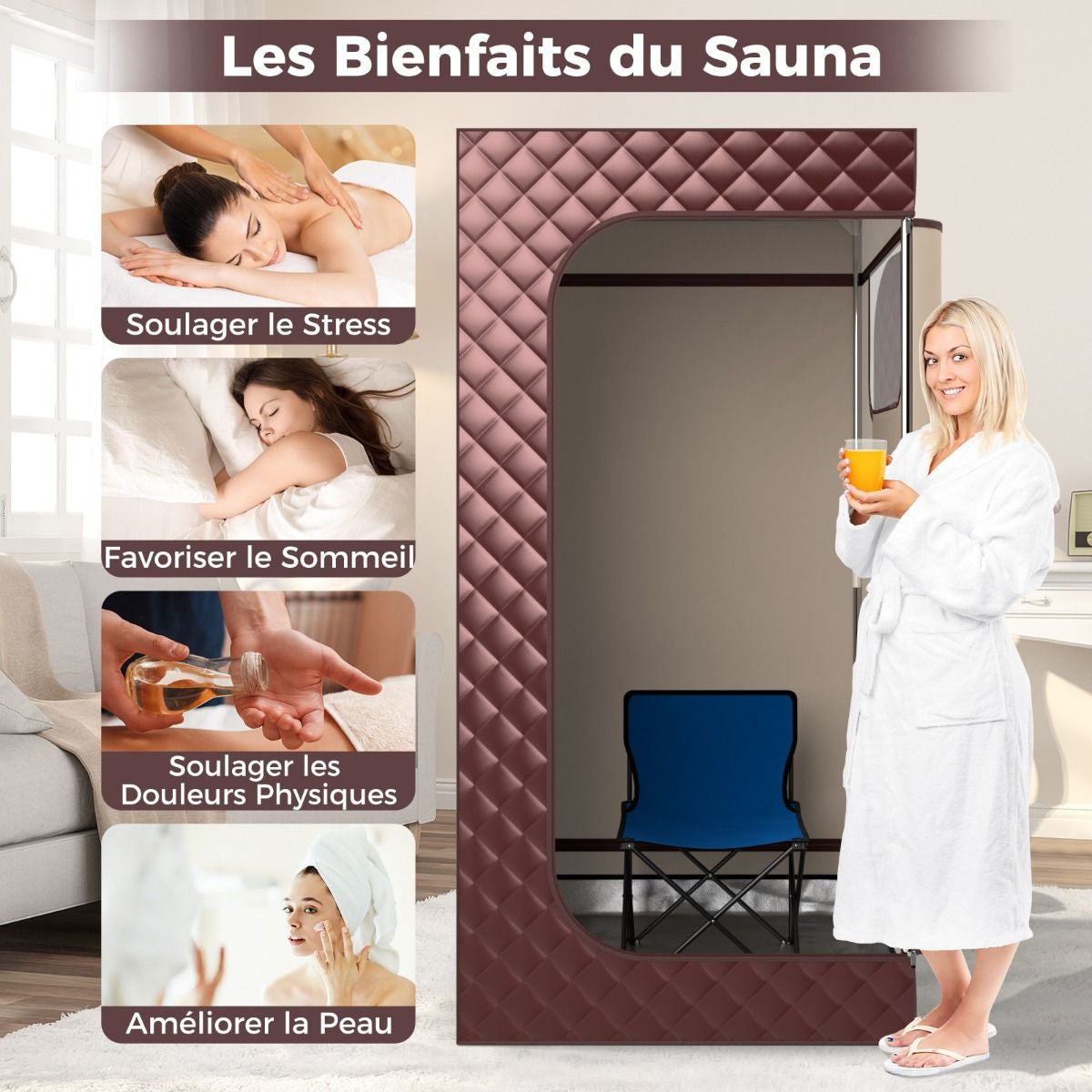 Sauna À Vapeur Portable 3L Avec Chaise Pliable Pour 1 Personne Avec 9 Niveaux Température Masseur De Pieds Minuterie Noir/Gris/Café