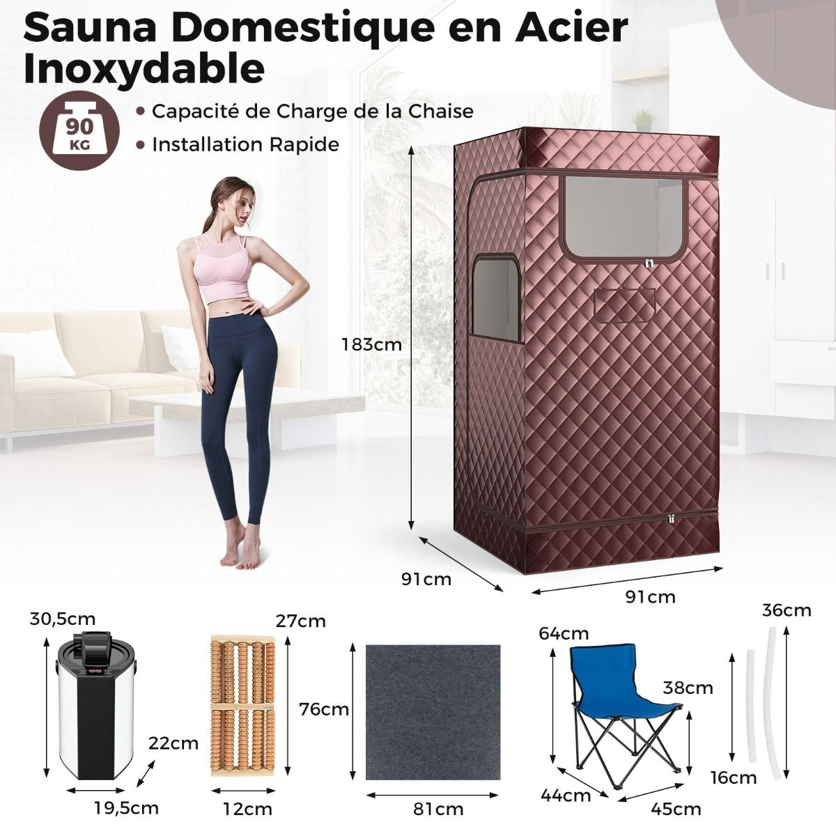 Sauna À Vapeur Portable 3L Avec Chaise Pliable Pour 1 Personne Avec 9 Niveaux Température Masseur De Pieds Minuterie Noir/Gris/Café