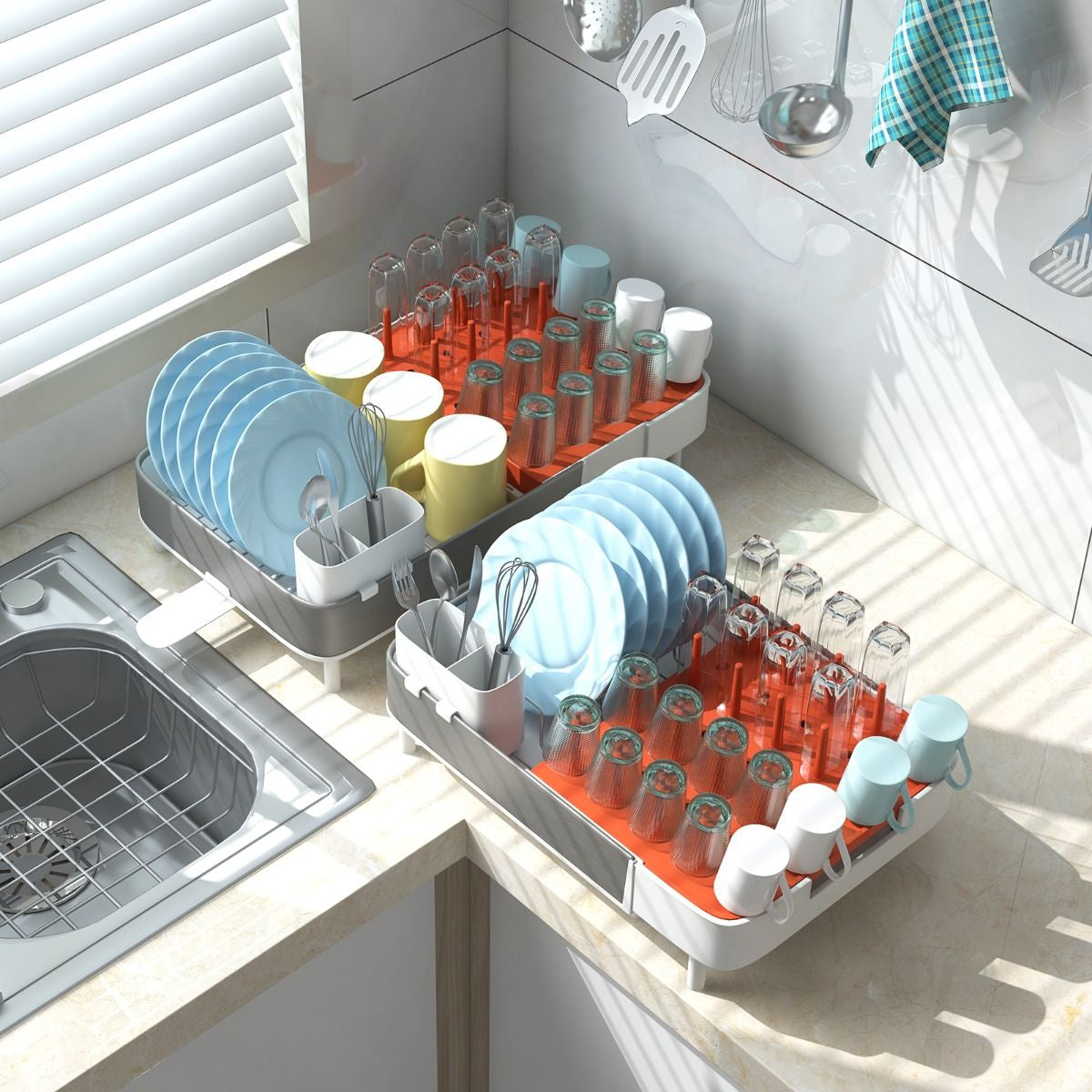 Égouttoir À Vaisselle En Acier Inoxydable & PP Extensible Avec Porte-Couverts Amovible Porte-Gobelets Drainage Automatique