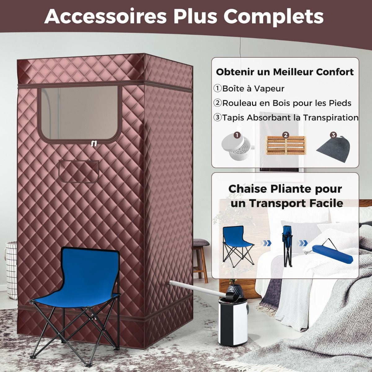 Sauna À Vapeur Portable 3L Avec Chaise Pliable Pour 1 Personne Avec 9 Niveaux Température Masseur De Pieds Minuterie Noir/Gris/Café