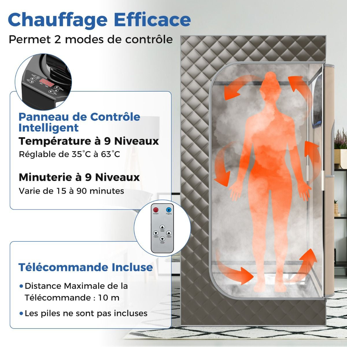 Sauna À Vapeur Portable 3L Avec Chaise Pliable Pour 1 Personne Avec 9 Niveaux Température Masseur De Pieds Minuterie Noir/Gris/Café