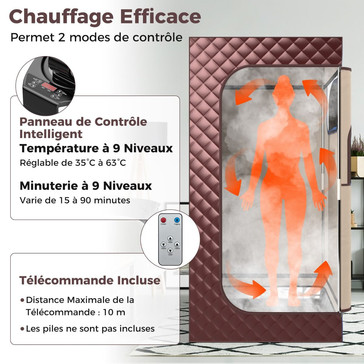 Sauna À Vapeur Portable 3L Avec Chaise Pliable Pour 1 Personne Avec 9 Niveaux Température Masseur De Pieds Minuterie Noir/Gris/Café