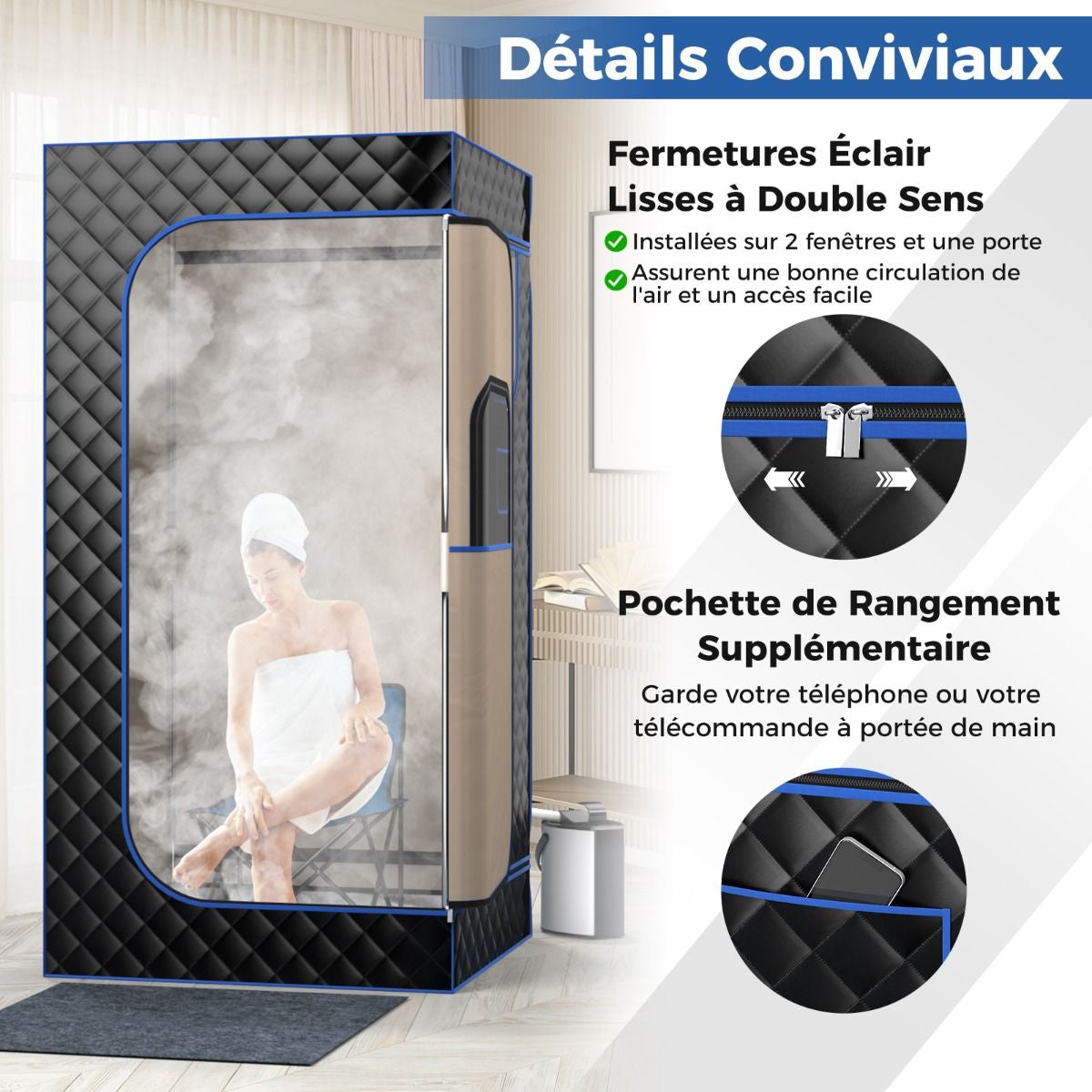 Sauna À Vapeur Portable 3L Avec Chaise Pliable Pour 1 Personne Avec 9 Niveaux Température Masseur De Pieds Minuterie Noir/Gris/Café