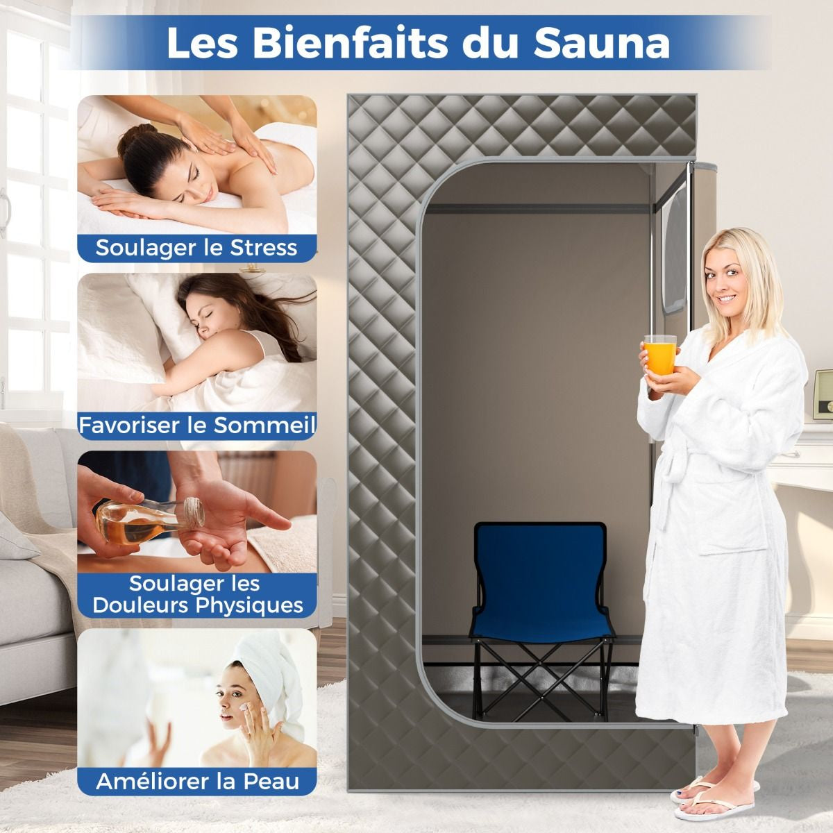 Sauna À Vapeur Portable 3L Avec Chaise Pliable Pour 1 Personne Avec 9 Niveaux Température Masseur De Pieds Minuterie Noir/Gris/Café