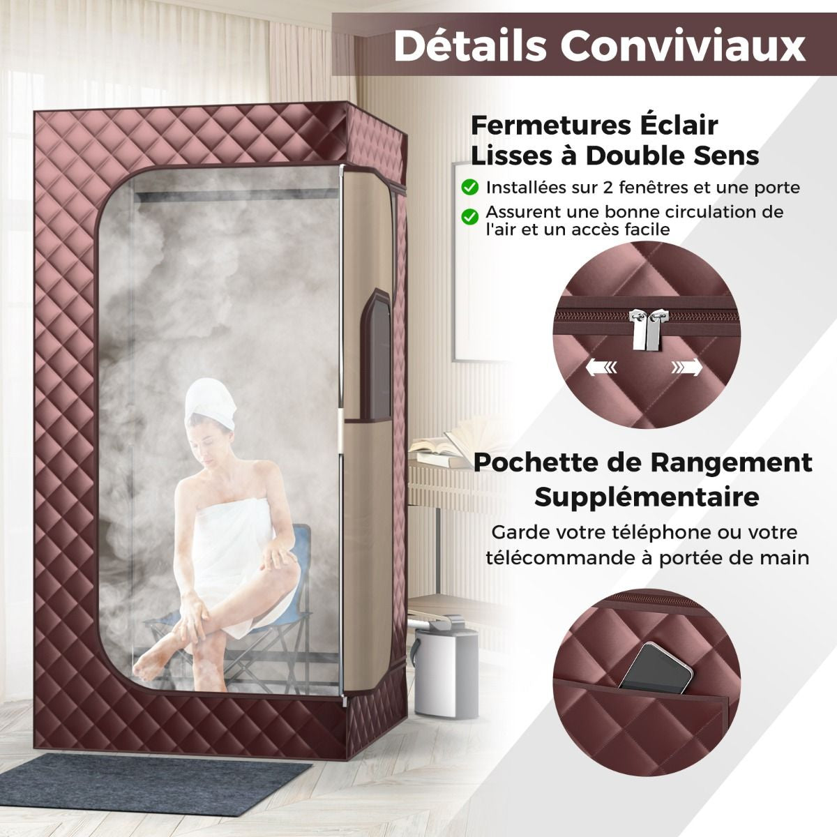 Sauna À Vapeur Portable 3L Avec Chaise Pliable Pour 1 Personne Avec 9 Niveaux Température Masseur De Pieds Minuterie Noir/Gris/Café