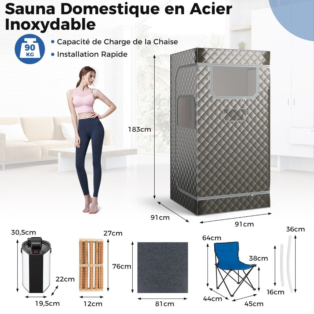 Sauna À Vapeur Portable 3L Avec Chaise Pliable Pour 1 Personne Avec 9 Niveaux Température Masseur De Pieds Minuterie Noir/Gris/Café