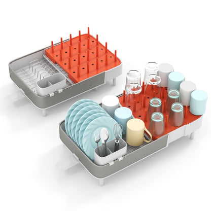 Égouttoir À Vaisselle En Acier Inoxydable & PP Extensible Avec Porte-Couverts Amovible Porte-Gobelets Drainage Automatique
