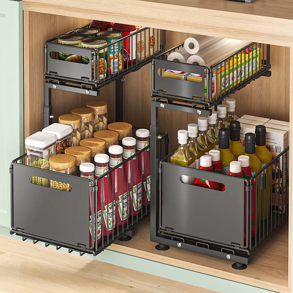 2 Tier Pull Out Cabinet Organizer Adjustable Kitchen Storage Rack under Sink Organizer Spice Jar Storage Rack Slide Out Drawer