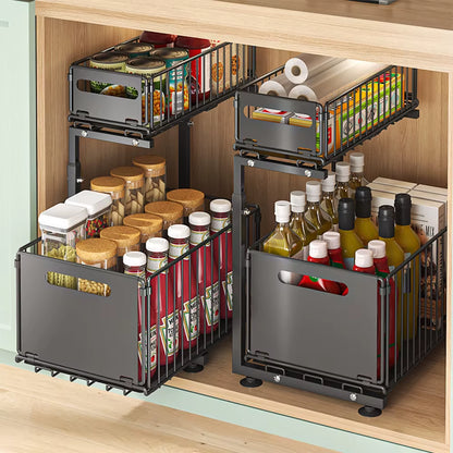 2 Tier Pull Out Cabinet Organizer Adjustable Kitchen Storage Rack under Sink Organizer Spice Jar Storage Rack Slide Out Drawer