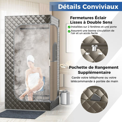 Sauna À Vapeur Portable 3L Avec Chaise Pliable Pour 1 Personne Avec 9 Niveaux Température Masseur De Pieds Minuterie Noir/Gris/Café