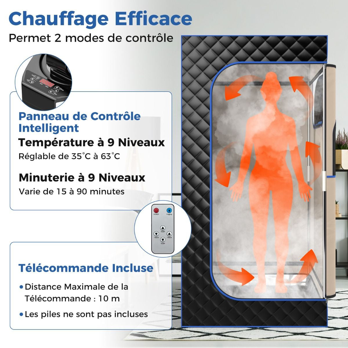 Sauna À Vapeur Portable 3L Avec Chaise Pliable Pour 1 Personne Avec 9 Niveaux Température Masseur De Pieds Minuterie Noir/Gris/Café