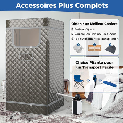 Sauna À Vapeur Portable 3L Avec Chaise Pliable Pour 1 Personne Avec 9 Niveaux Température Masseur De Pieds Minuterie Noir/Gris/Café