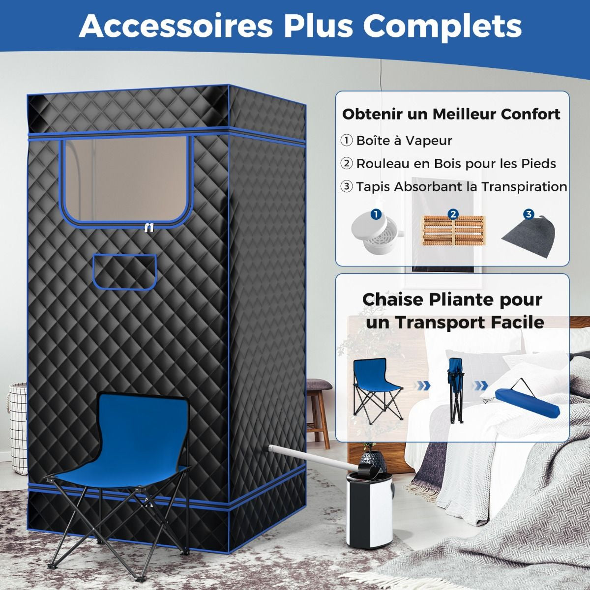 Sauna À Vapeur Portable 3L Avec Chaise Pliable Pour 1 Personne Avec 9 Niveaux Température Masseur De Pieds Minuterie Noir/Gris/Café