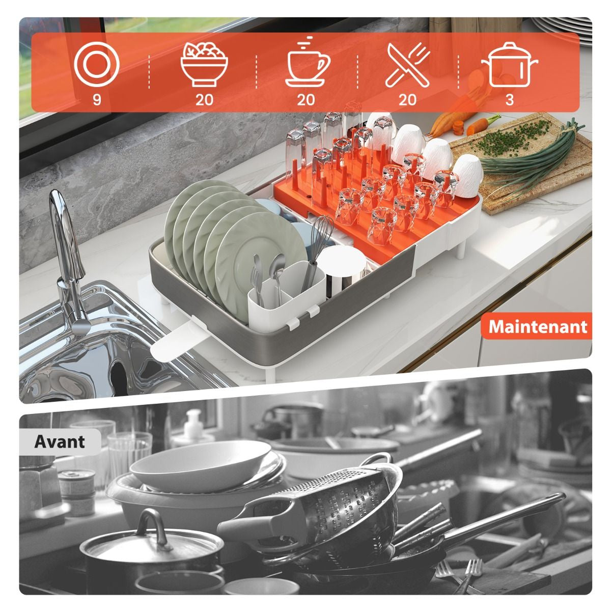 Égouttoir À Vaisselle En Acier Inoxydable & PP Extensible Avec Porte-Couverts Amovible Porte-Gobelets Drainage Automatique