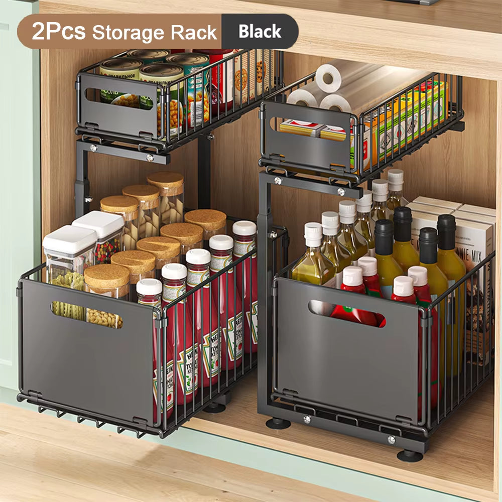 2 Tier Pull Out Cabinet Organizer Adjustable Kitchen Storage Rack under Sink Organizer Spice Jar Storage Rack Slide Out Drawer
