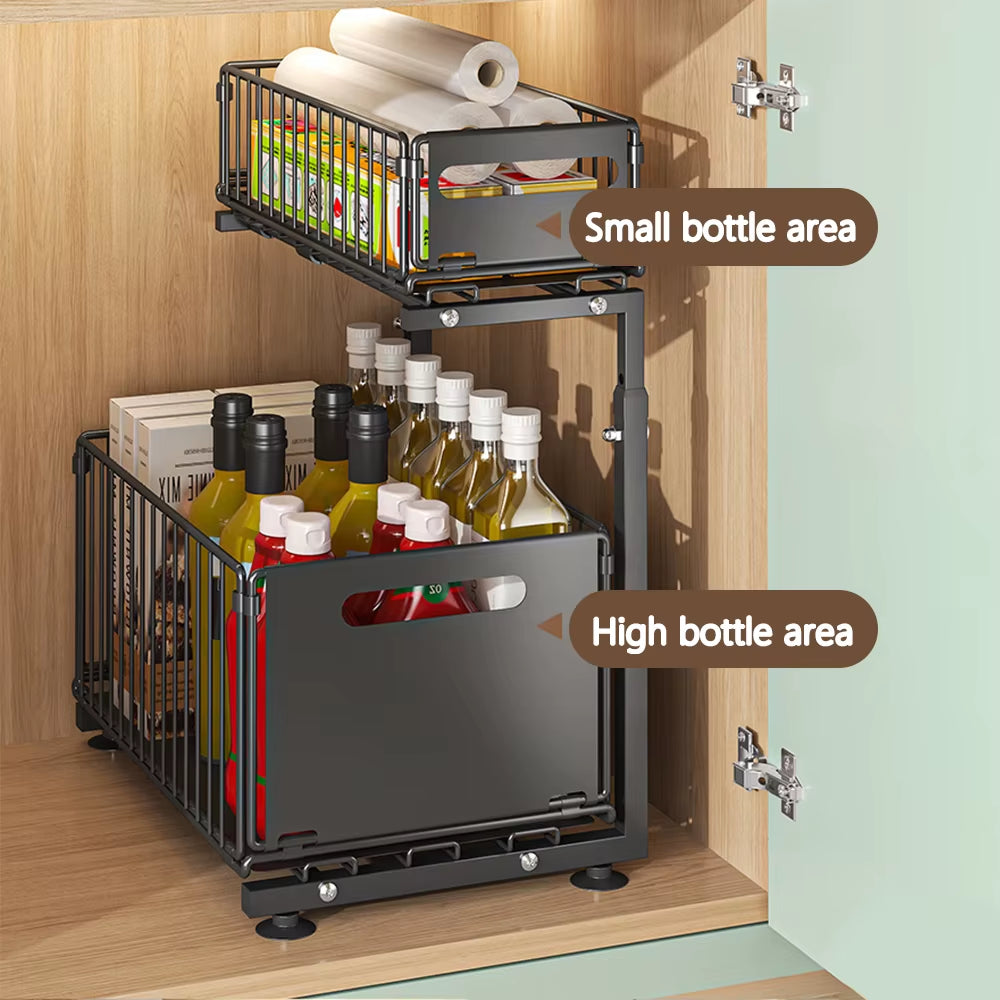 2 Tier Pull Out Cabinet Organizer Adjustable Kitchen Storage Rack under Sink Organizer Spice Jar Storage Rack Slide Out Drawer