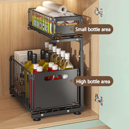2 Tier Pull Out Cabinet Organizer Adjustable Kitchen Storage Rack under Sink Organizer Spice Jar Storage Rack Slide Out Drawer